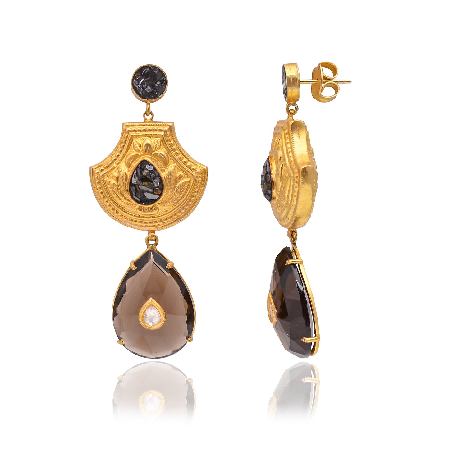 Silver Gold-Plated Smoky Quartz & Diamond Earring