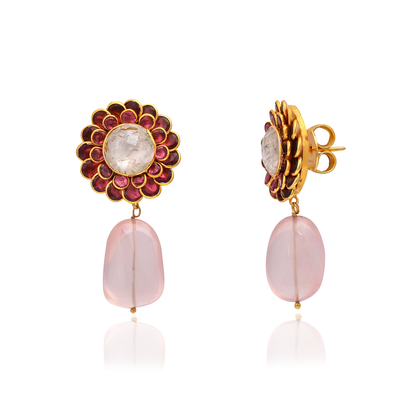 Silver Gold-Plated Rose Quartz, Garnet & Faceted Crystal Earring