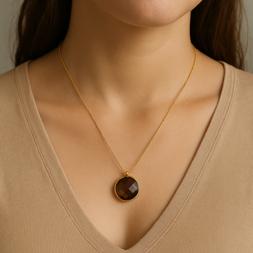 Handcrafted 925 Silver Gold Plated Smoky Quartz Gemstone Necklace.