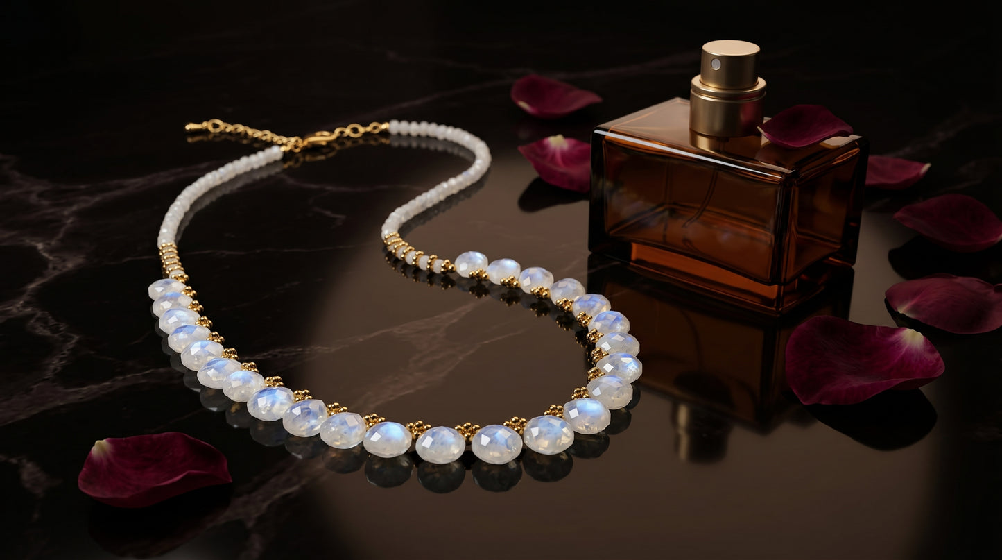 925 Sterling Silver Gold Plated Natural Moonstone Beaded Necklace