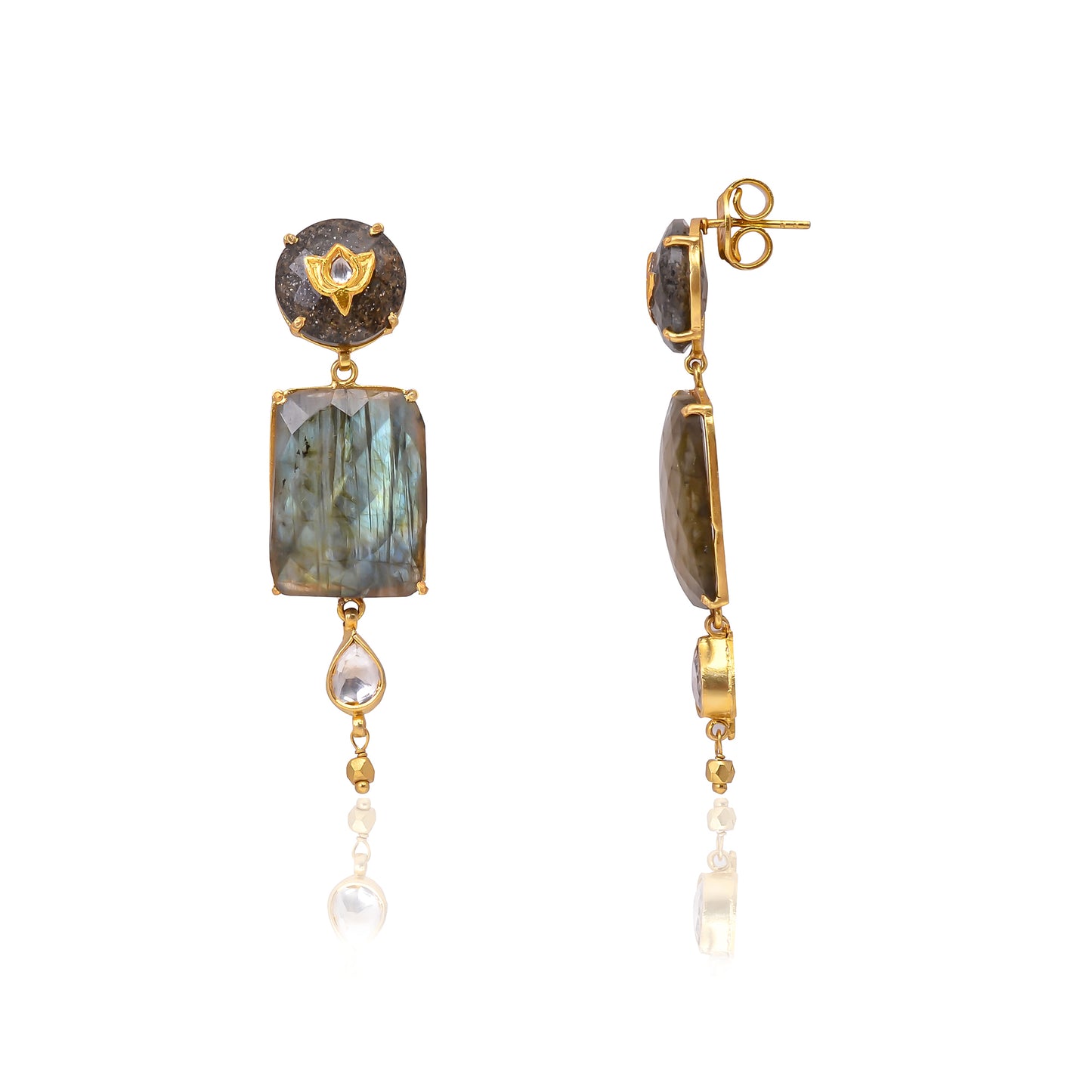 Silver Gold-Plated Labradorite, Glass & Strawberry Quartz Jadau Earring