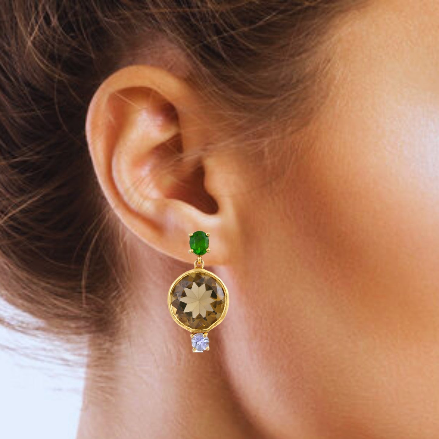 Buy Handcrafted Silver Gold Plated Green Tourmaline / Beer Quartz / Tanzanite Earring