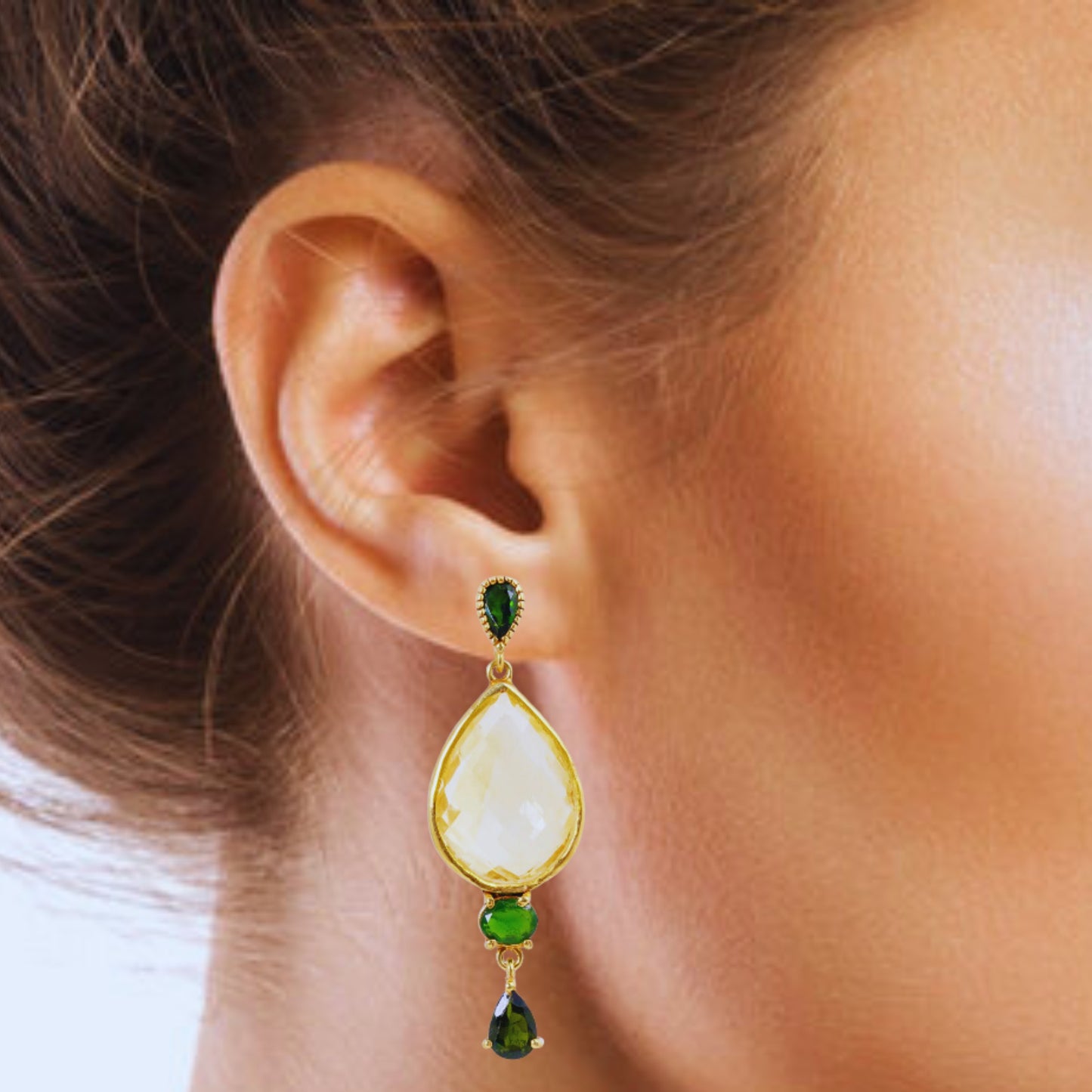 Handcrafted Silver Gold Plated Green Tourmaline Earring