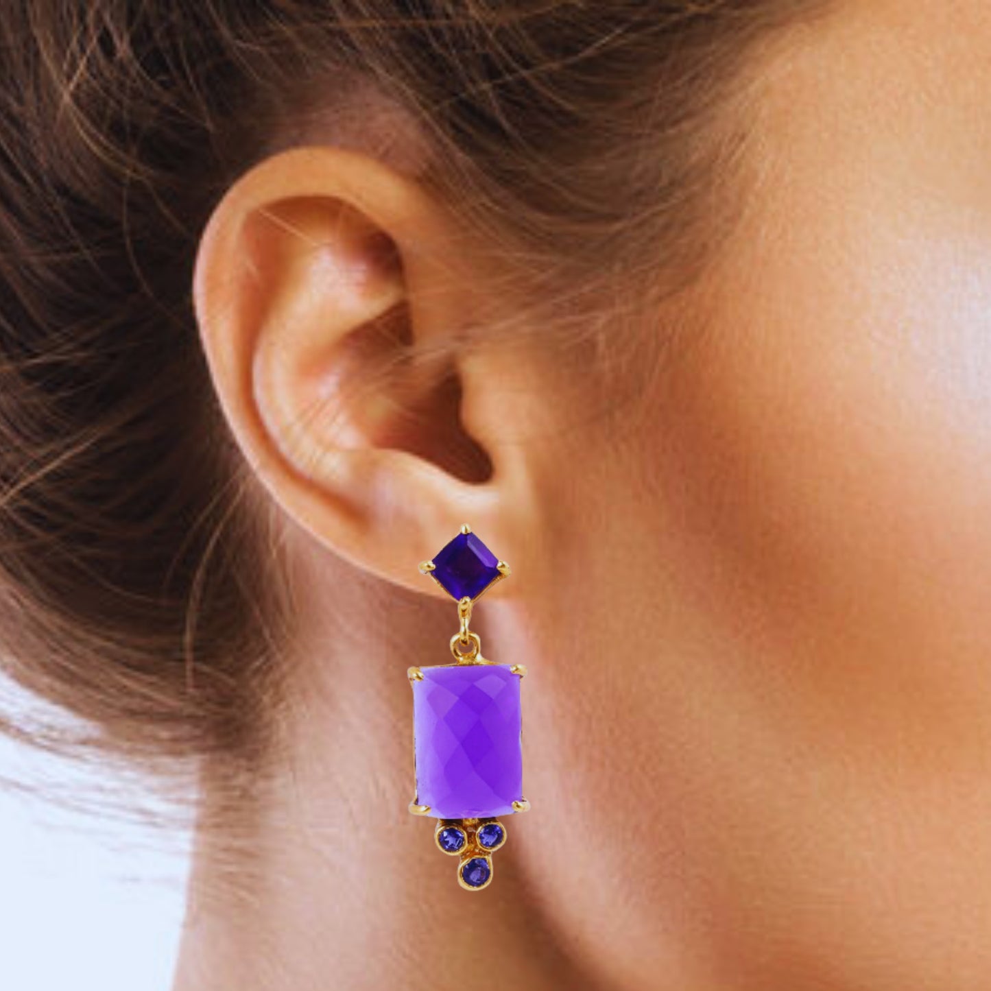 Handcrafted Silver Gold Plated Amethyst / Iolite Earring