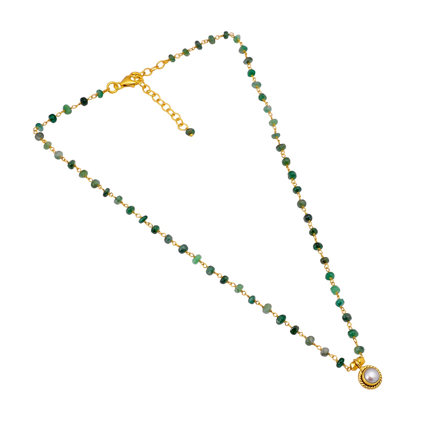 Handcrafted 925 Silver Gold Plated Emerald/Pearl Necklace