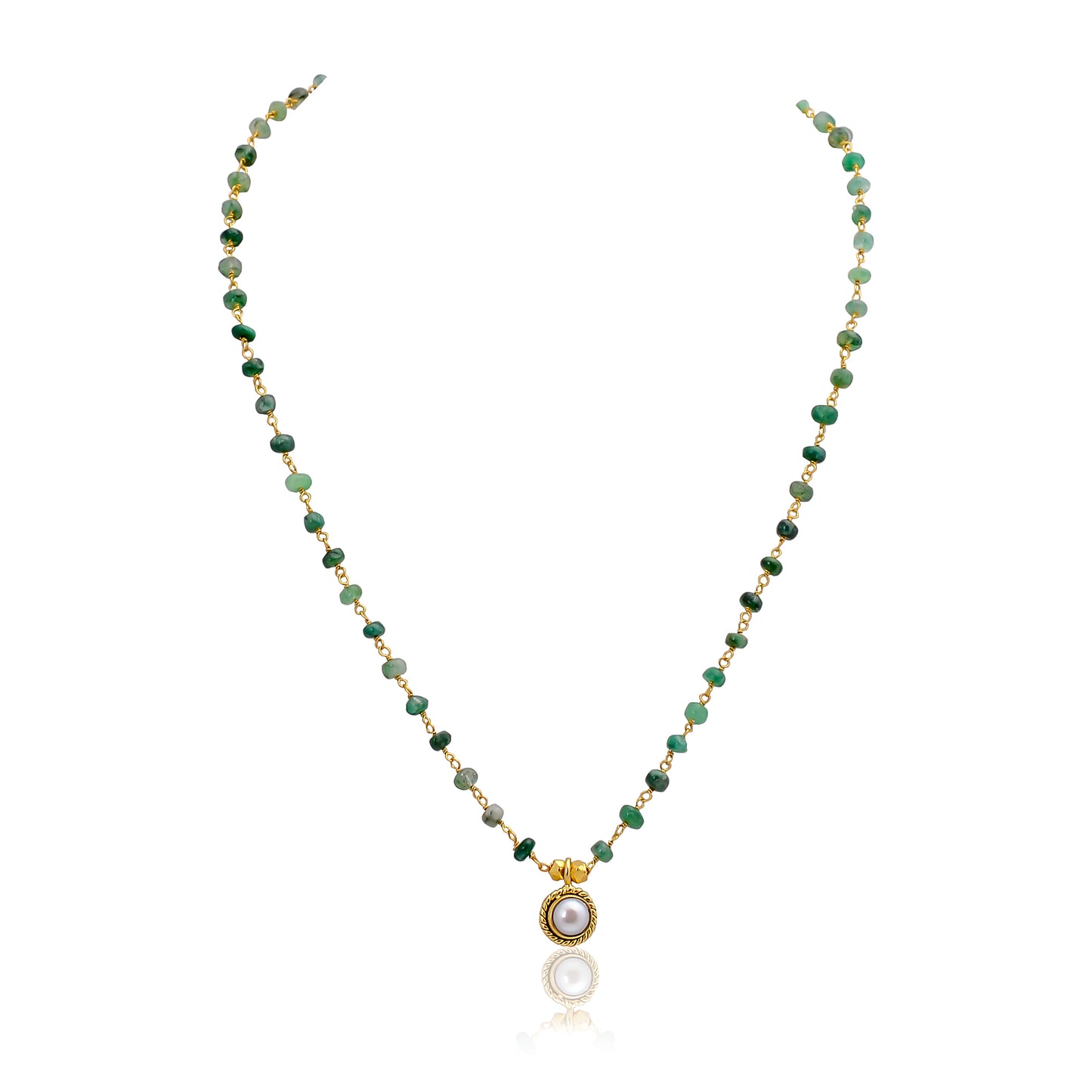 Handcrafted 925 Silver Gold Plated Emerald/Pearl Necklace
