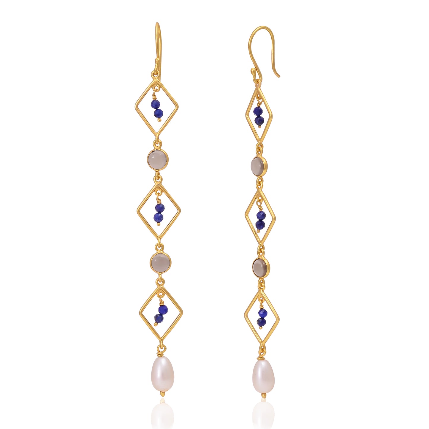 Silver Gold Plated Blue Lapis, Smoky Quartz and Pearl Earring