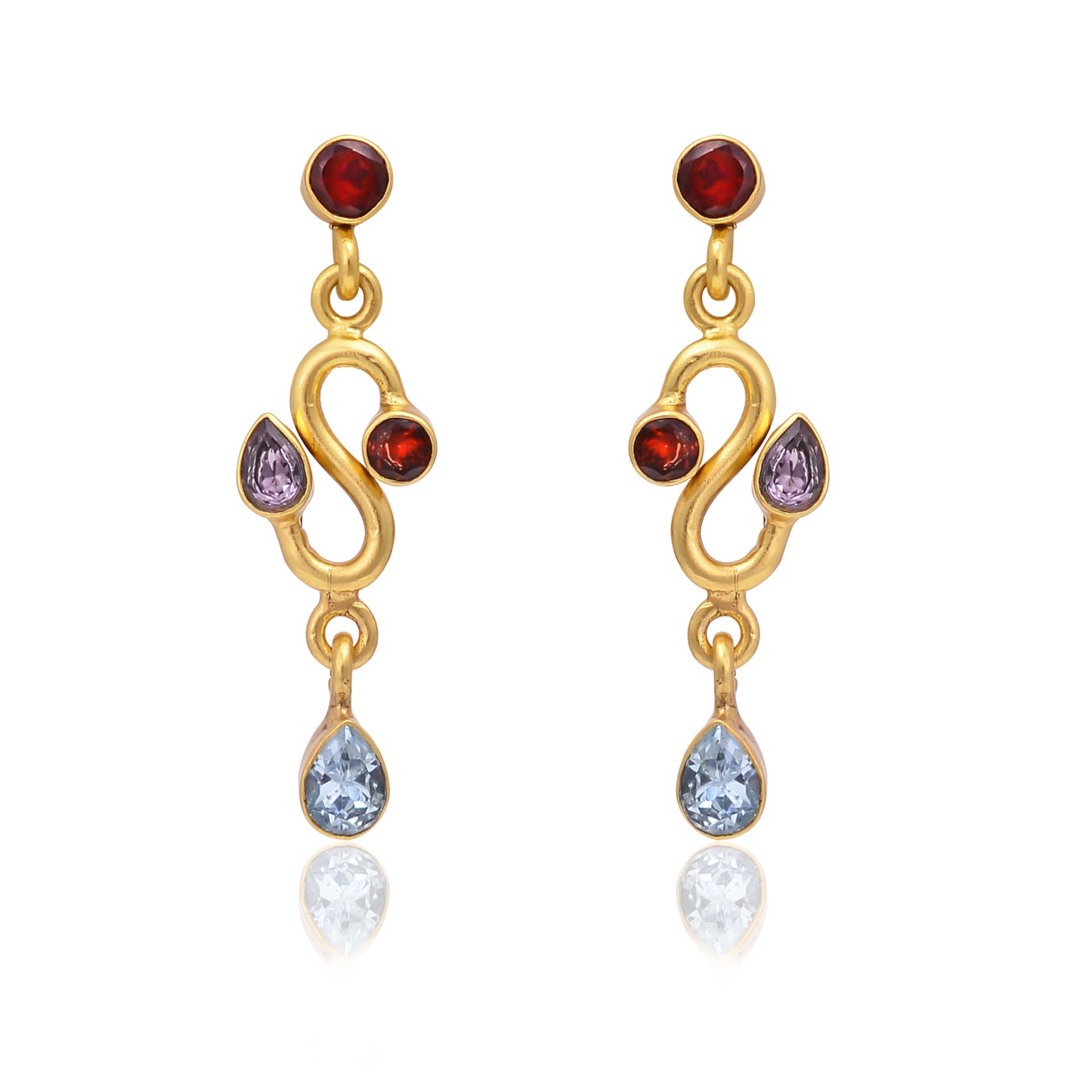Silver Gold Plated Garnet, Blue Topaz, and Aphrodite Earring