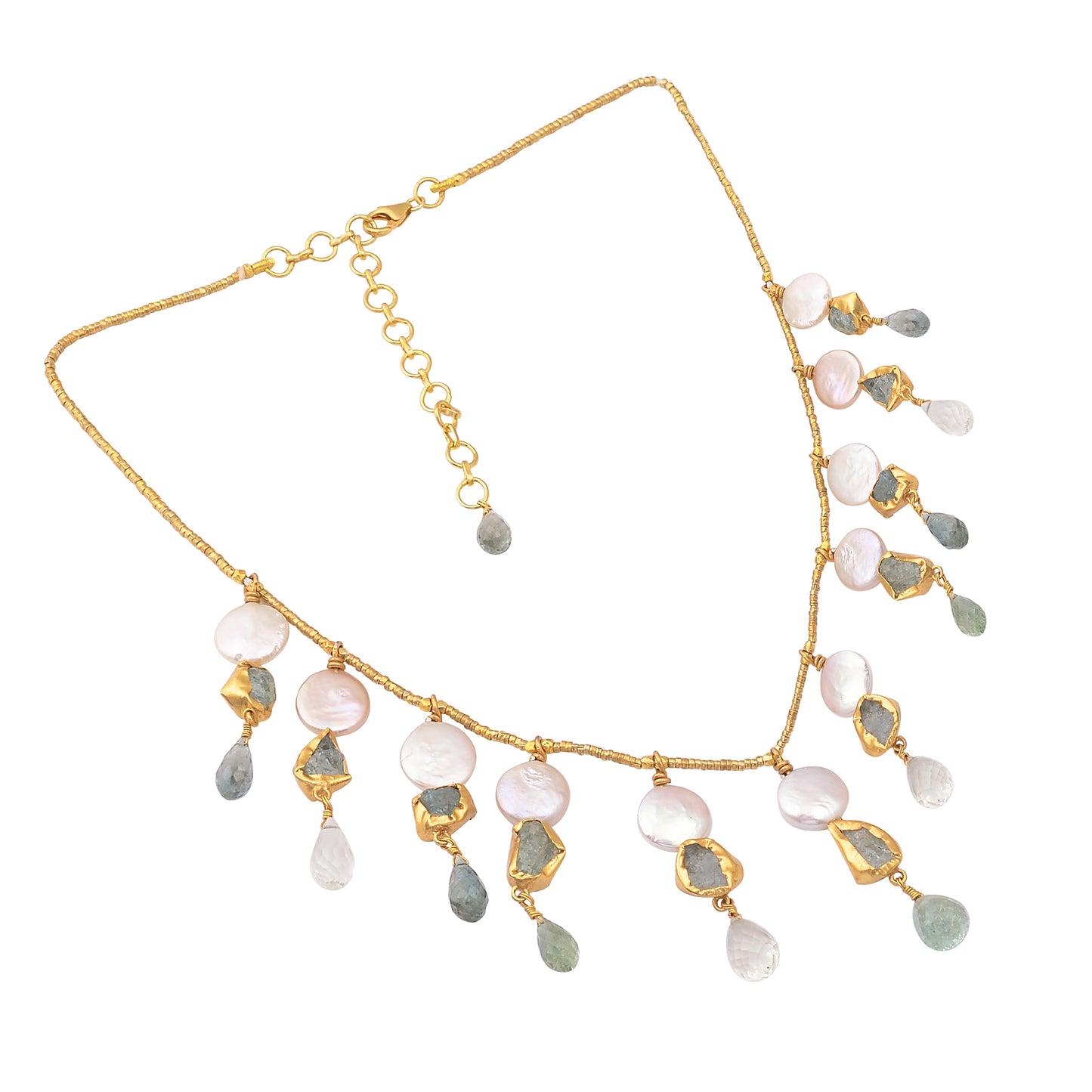 Buy Handcrafted Silver Gold Plated Pearl/ Aquamarine Ruff Necklace