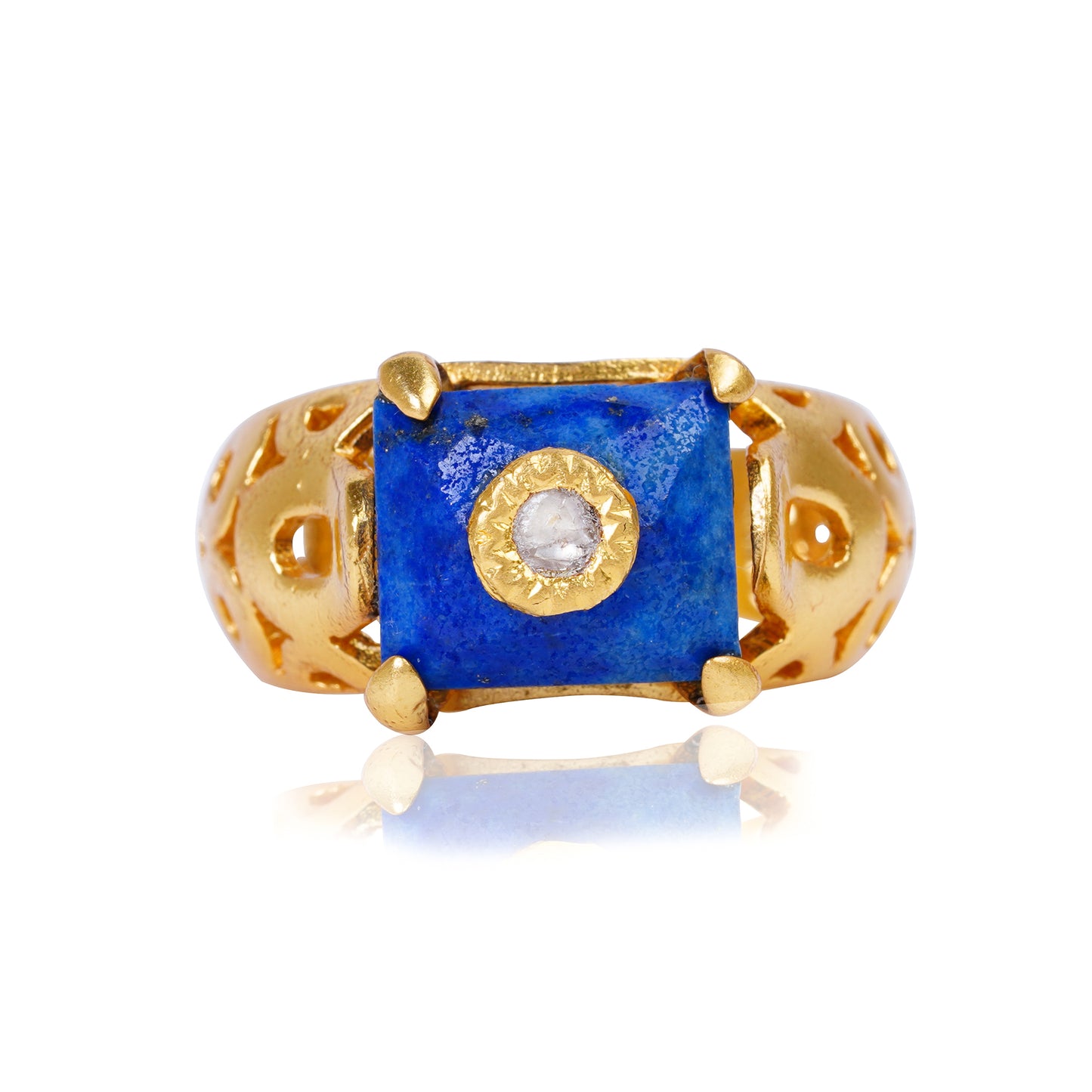 Silver gold plated ring with Lapis/Diamond and 24kt gold Jadai