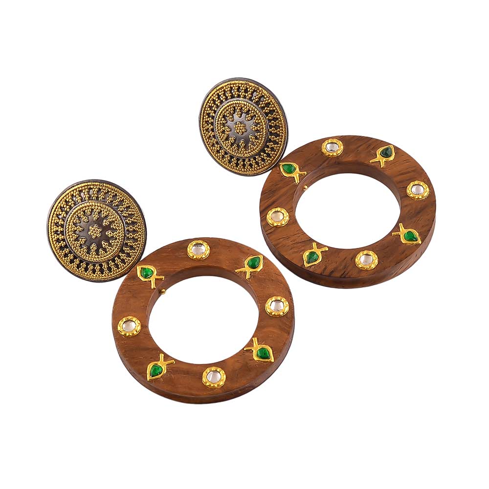 Buy Hand Crafted Silver Gold Black Plated Jadau Wood Earring