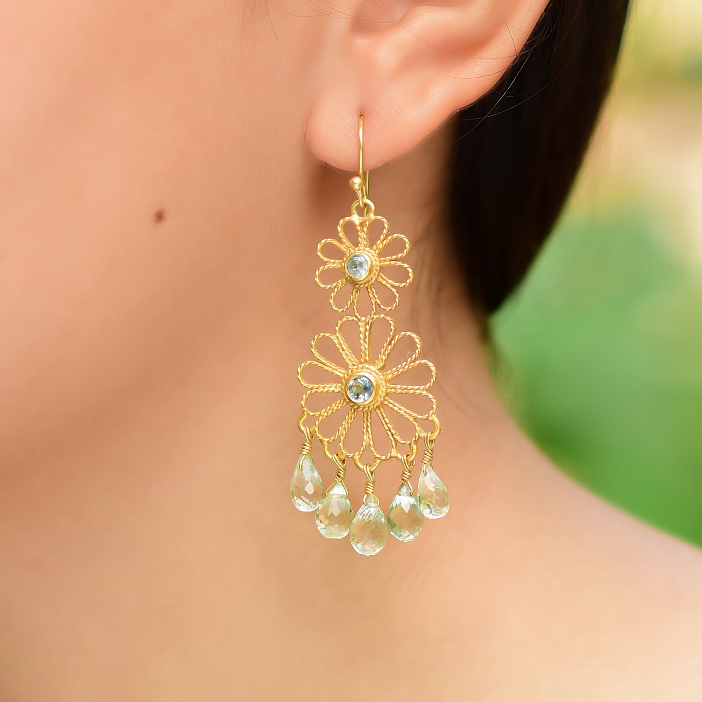 Buy Hand Crafted Silver Gold Plated Aquamarine Flower Earring