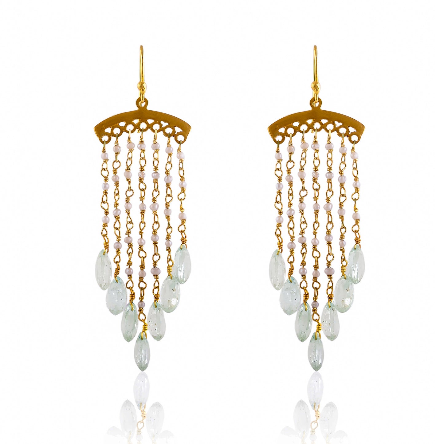Buy Hand Crafted Silver Gold Plated Pearl/aquamarine Jhalar Earring
