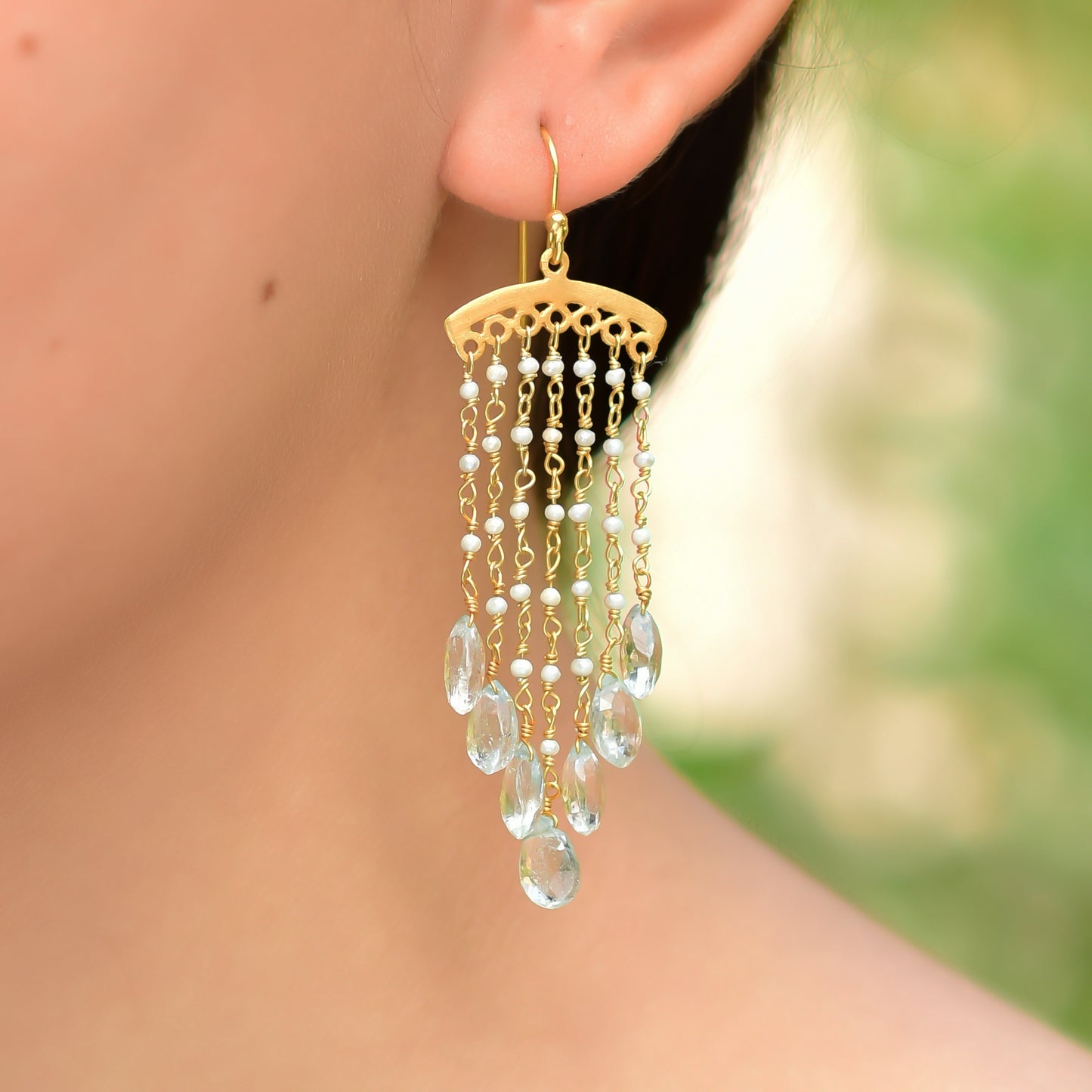 Buy Hand Crafted Silver Gold Plated Pearl/aquamarine Jhalar Earring