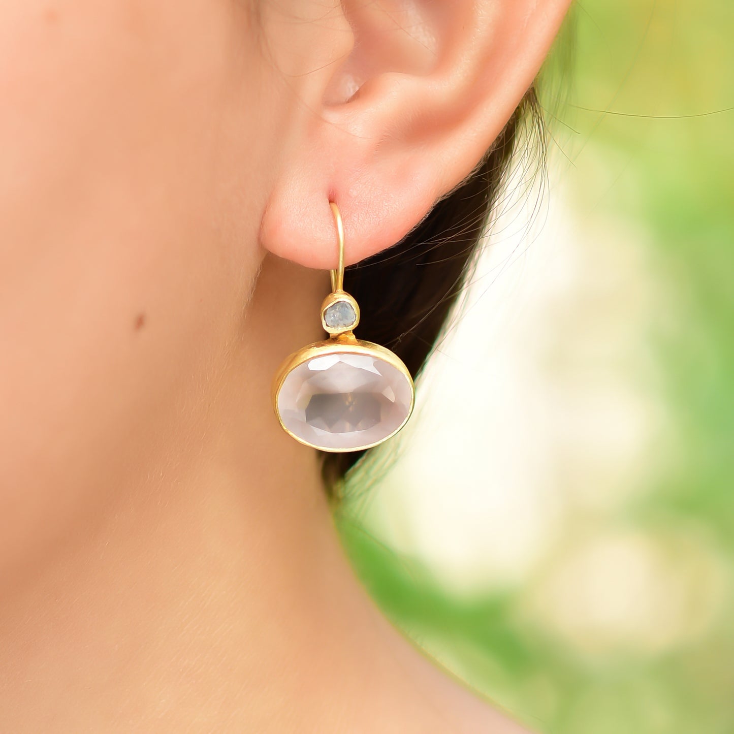 Buy Hand Crafted Silver Glod Plated Rose Quartz/dimond Earring