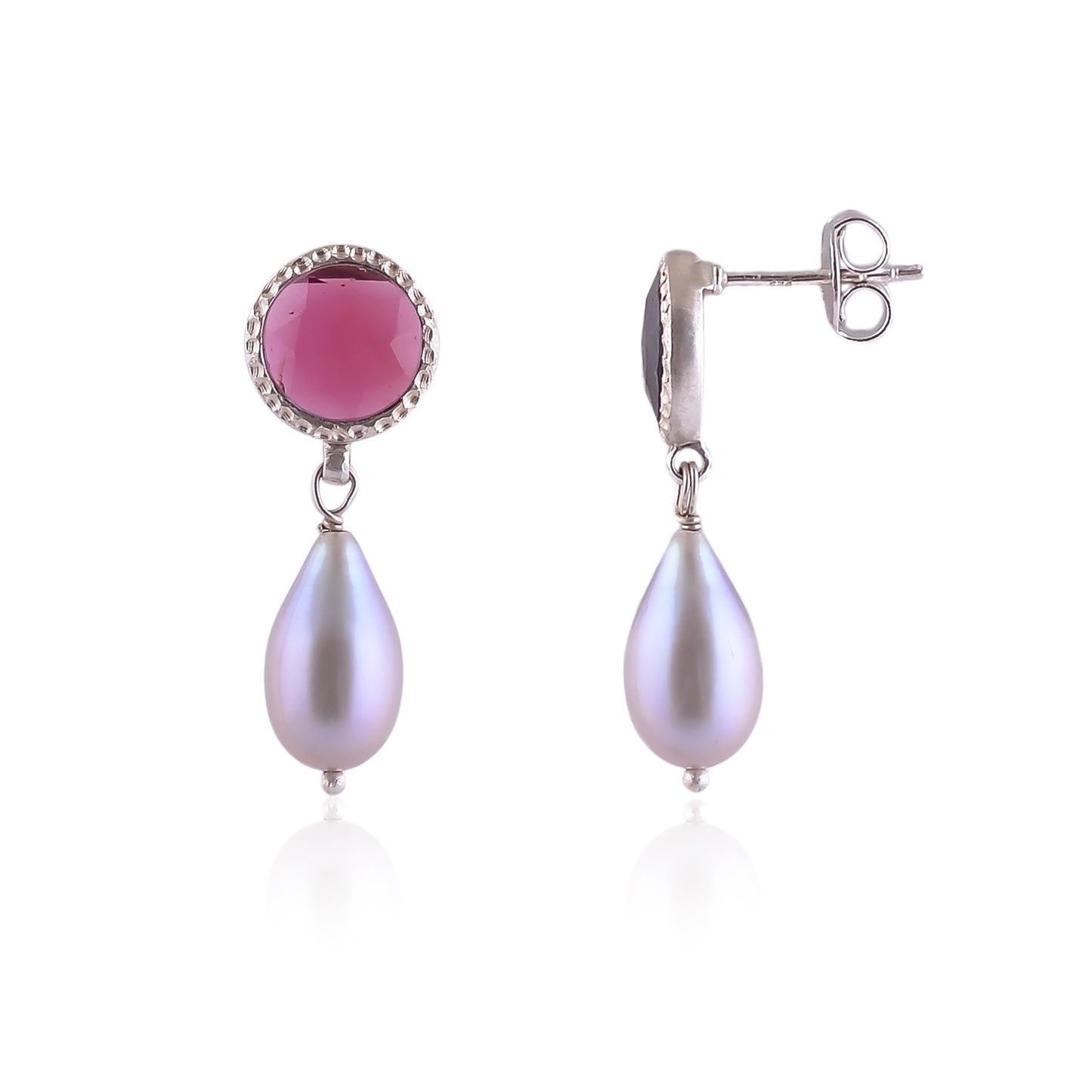 Buy Indian Handcrafted Silver Garnet Grey Pearl Drop Earring