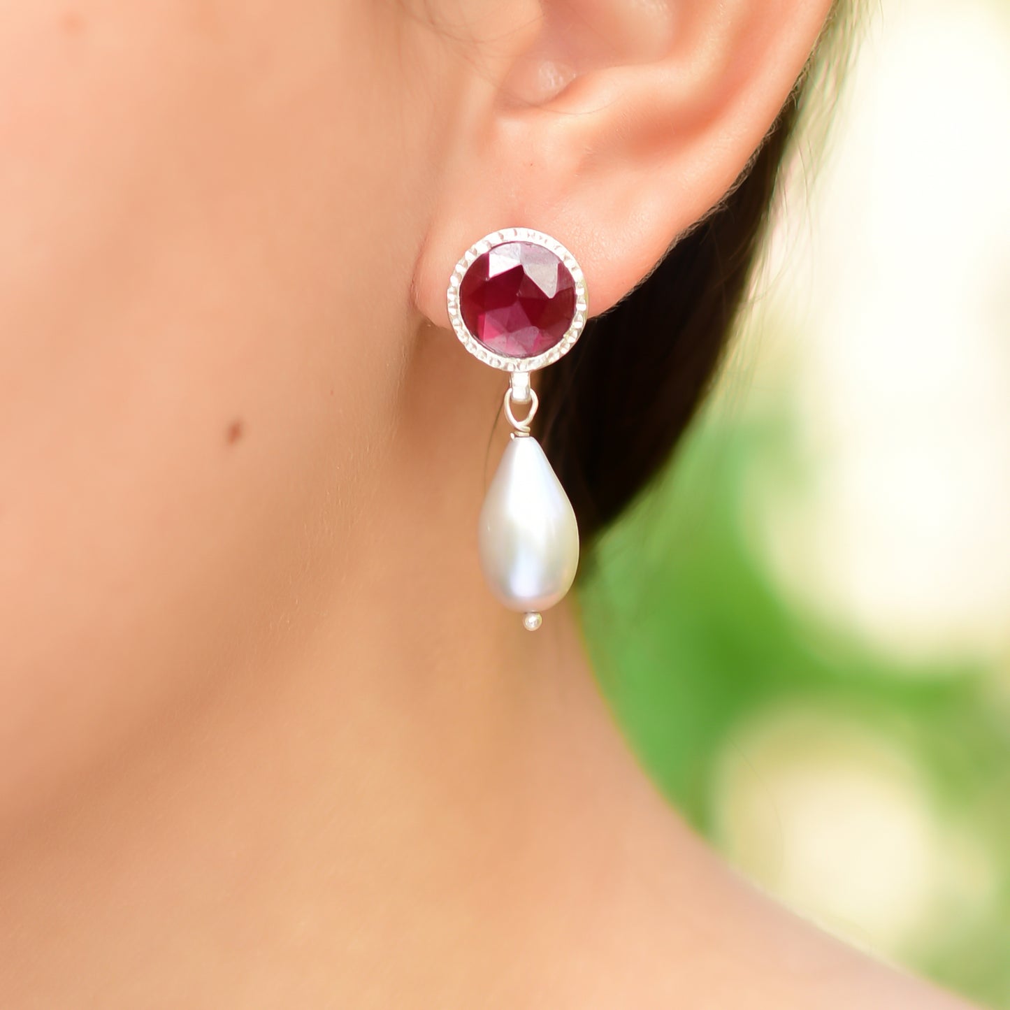 Buy Indian Handcrafted Silver Garnet Grey Pearl Drop Earring