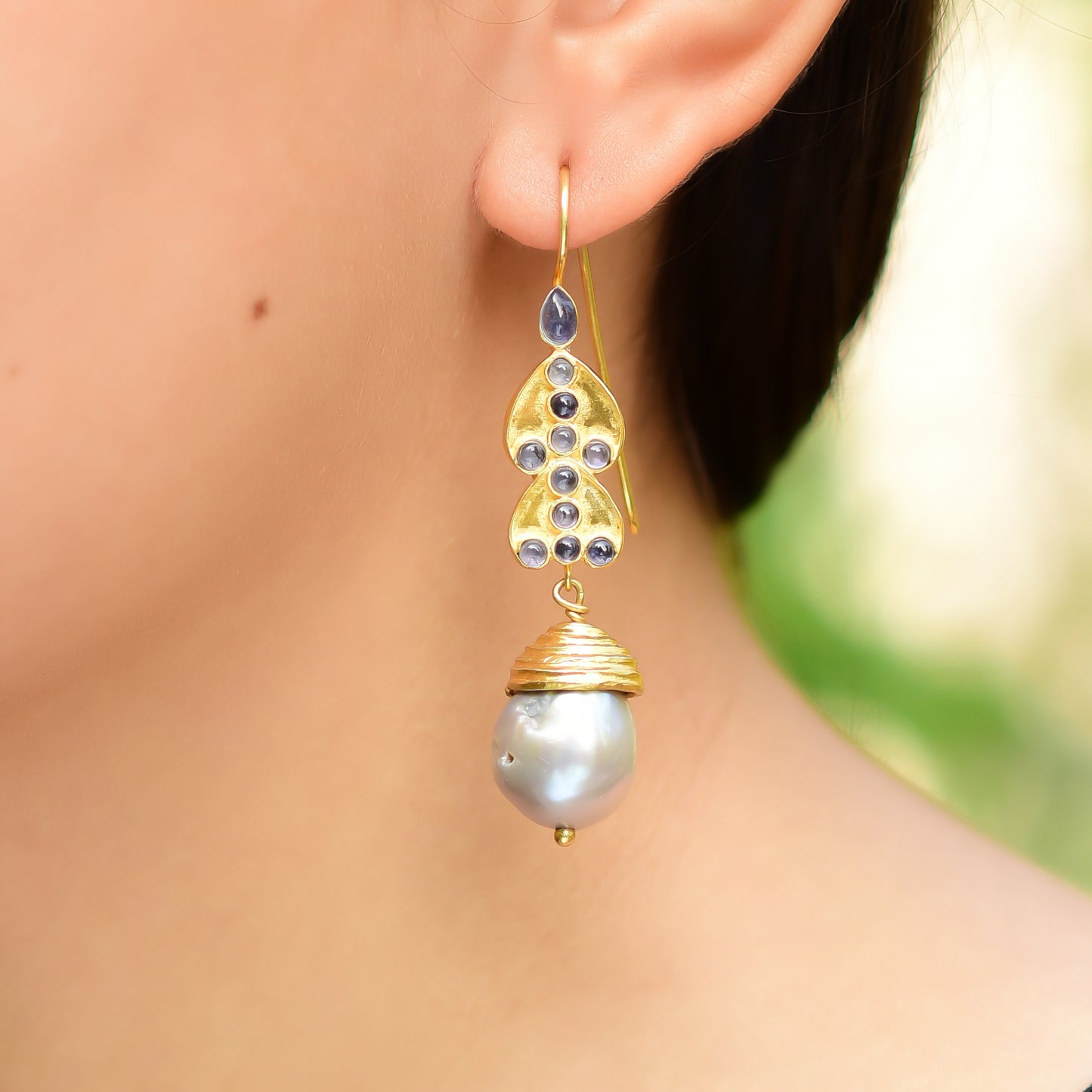 Buy Hand Crafted Silver Gold Plated Iolite/grey Pearl Earring