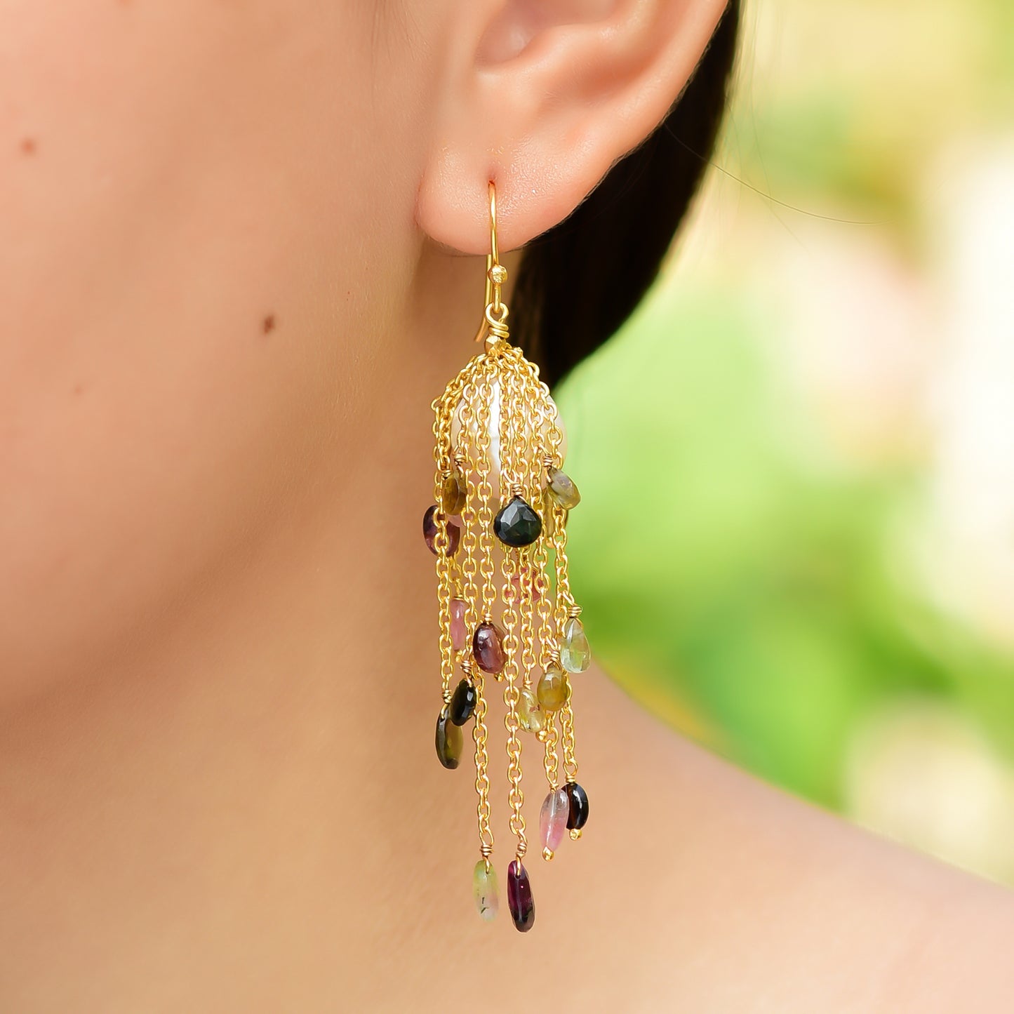 Buy Handmade Silver Gold Plated Tourmaline/pearl Waterfall Earring