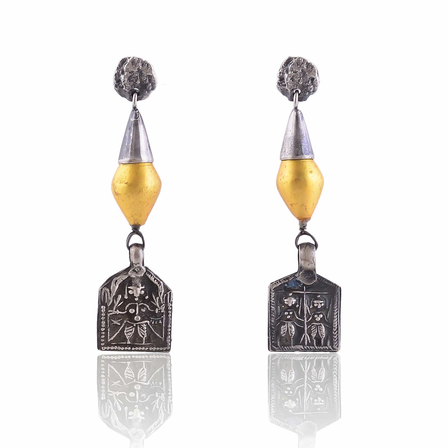 Buy Indian Handmade Silver Oxdised Patri With Gold Wax Bead Earring