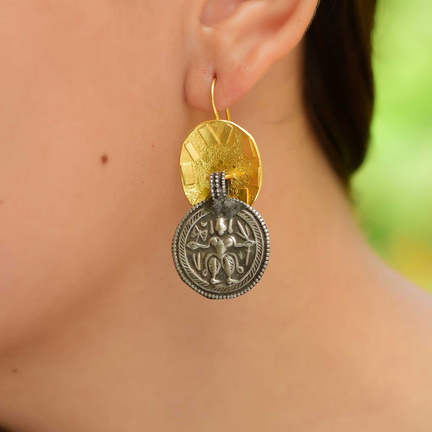 Buy Hand Crafted Silver Gold Texture Sheet Oxidised Patri Earring