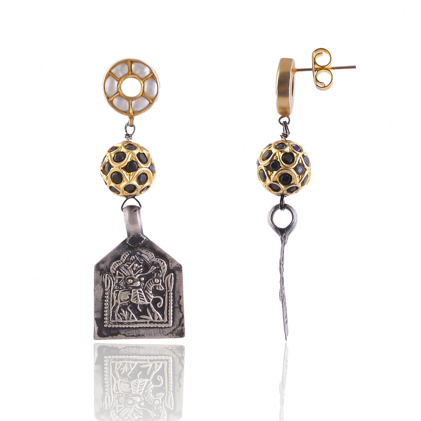 Buy Hand Crafted Silver Oxidised Patri With Black Onyx/pearl Stud Earring
