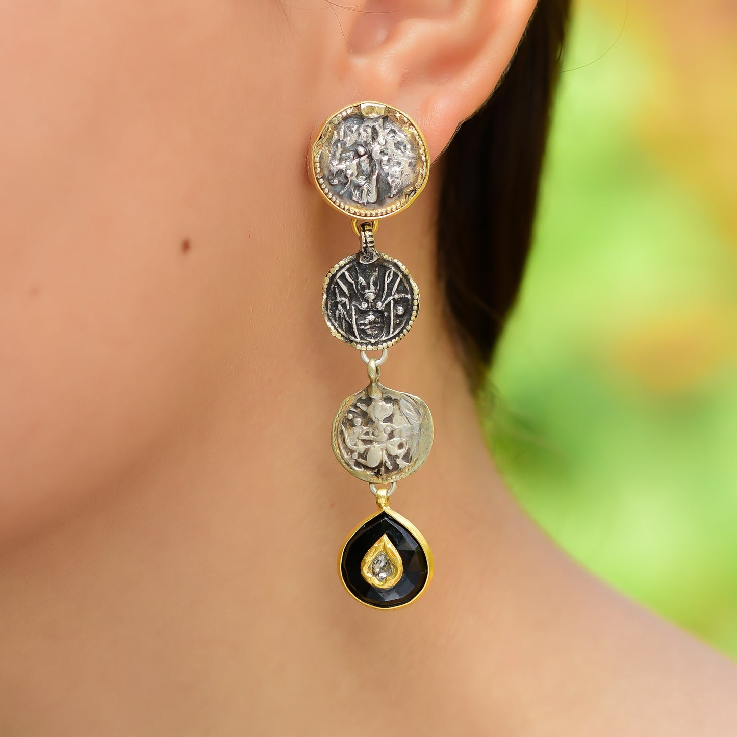 Buy Indian Hand Crafted Silver Oxidised Patri Black Onyx/gold Dimond Jadau Earring