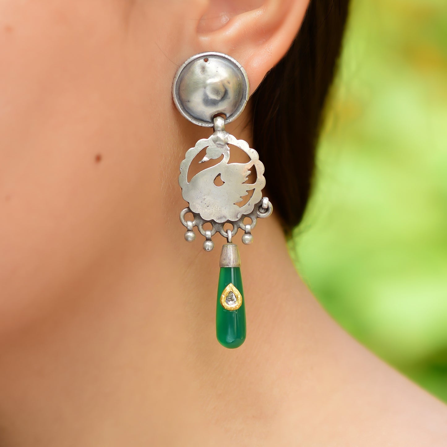 Buy Indian Hand Crafted Silver Oxidised Green Onyx/dimond Jadau Earring