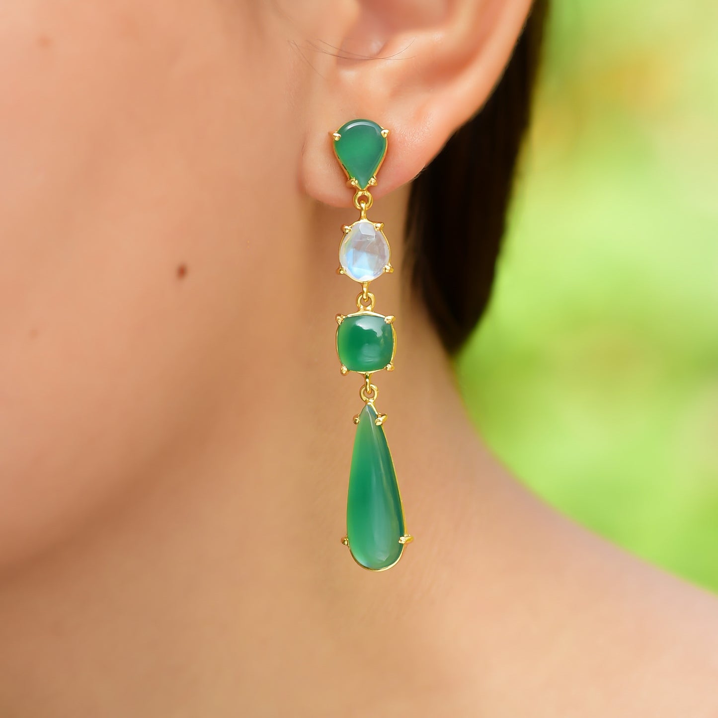 Buy Hand Crafted Silver Gold Plated Rainbow Moonstone/green Onyx Earring