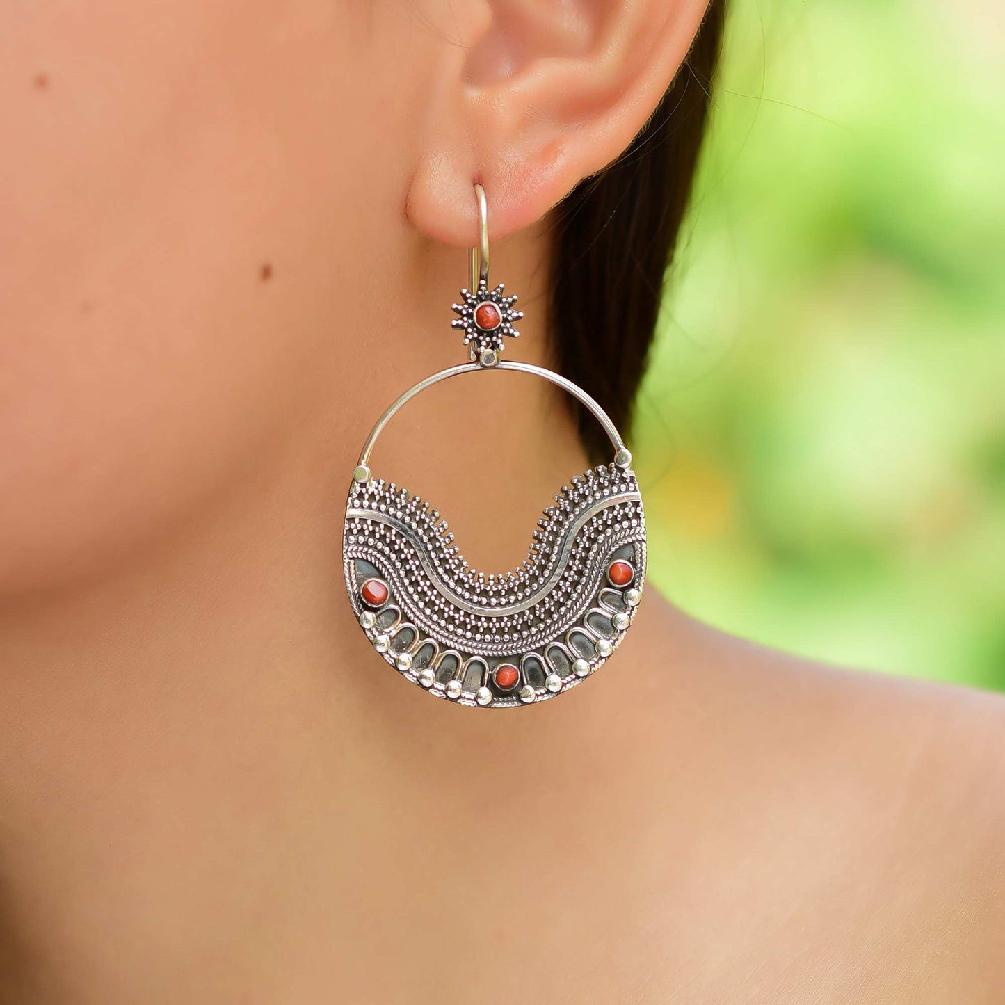 Buy Hand Crafted Silver Oxidised Plated Coral Earring