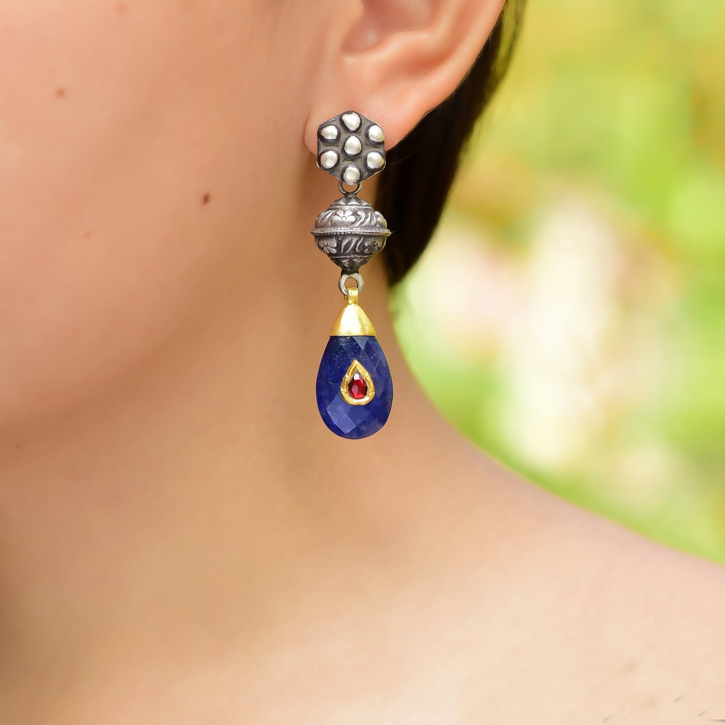 Buy Handmade Silver Gold Oxidised Plated Blue Ropada Jadau Earring