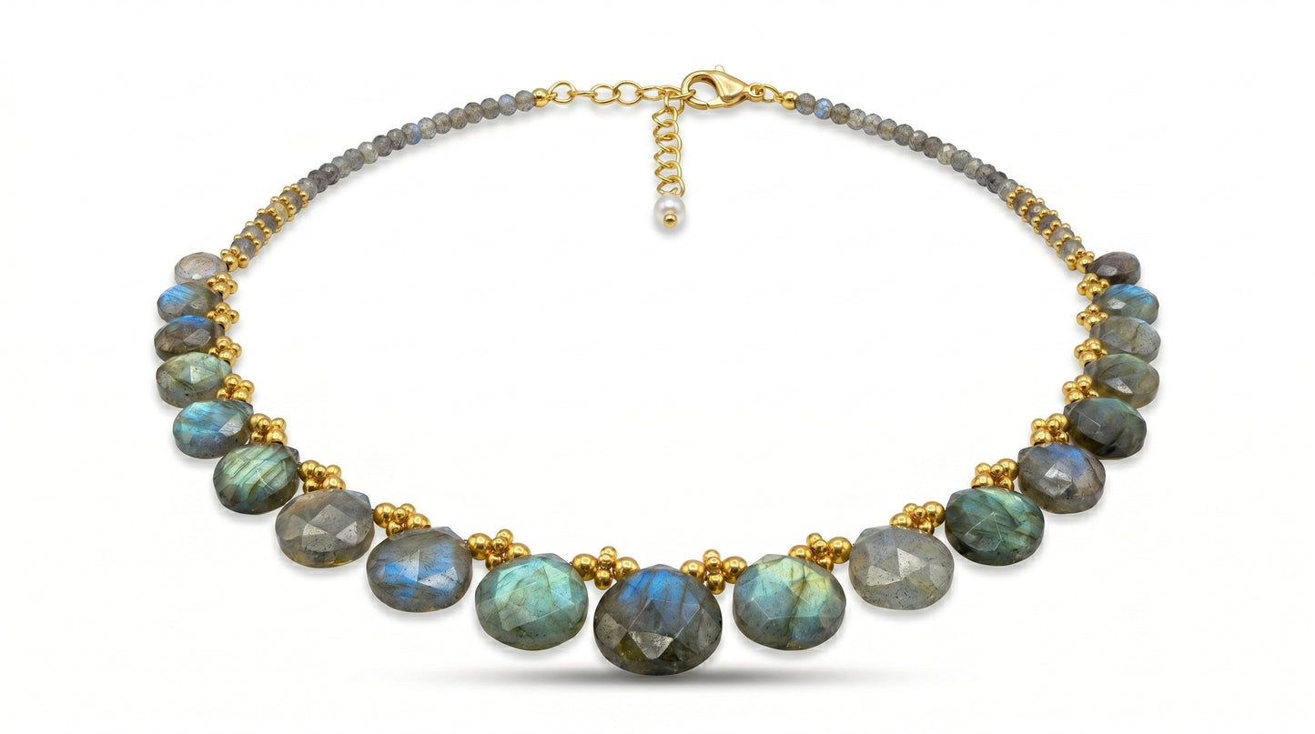 925 Sterling Silver Gold Plated Faceted Heart shape Labradorite Gemstone Necklace