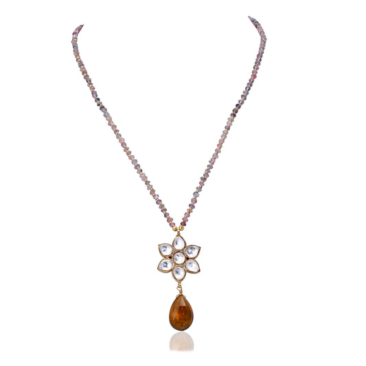 Silver Gold Plated Tourmaline Necklace With Jadau Tourmaline Drop Pendant