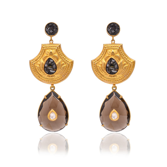 Silver Gold-Plated Smoky Quartz & Diamond Earring