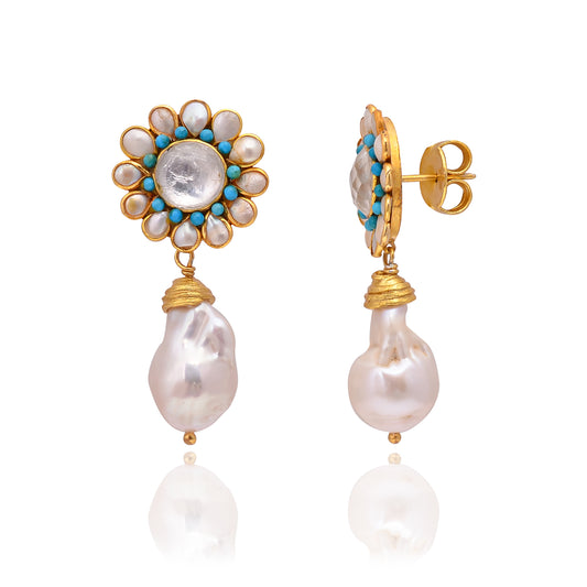 Silver Gold-Plated Crystal, Turquoise & Pearl drop Earring