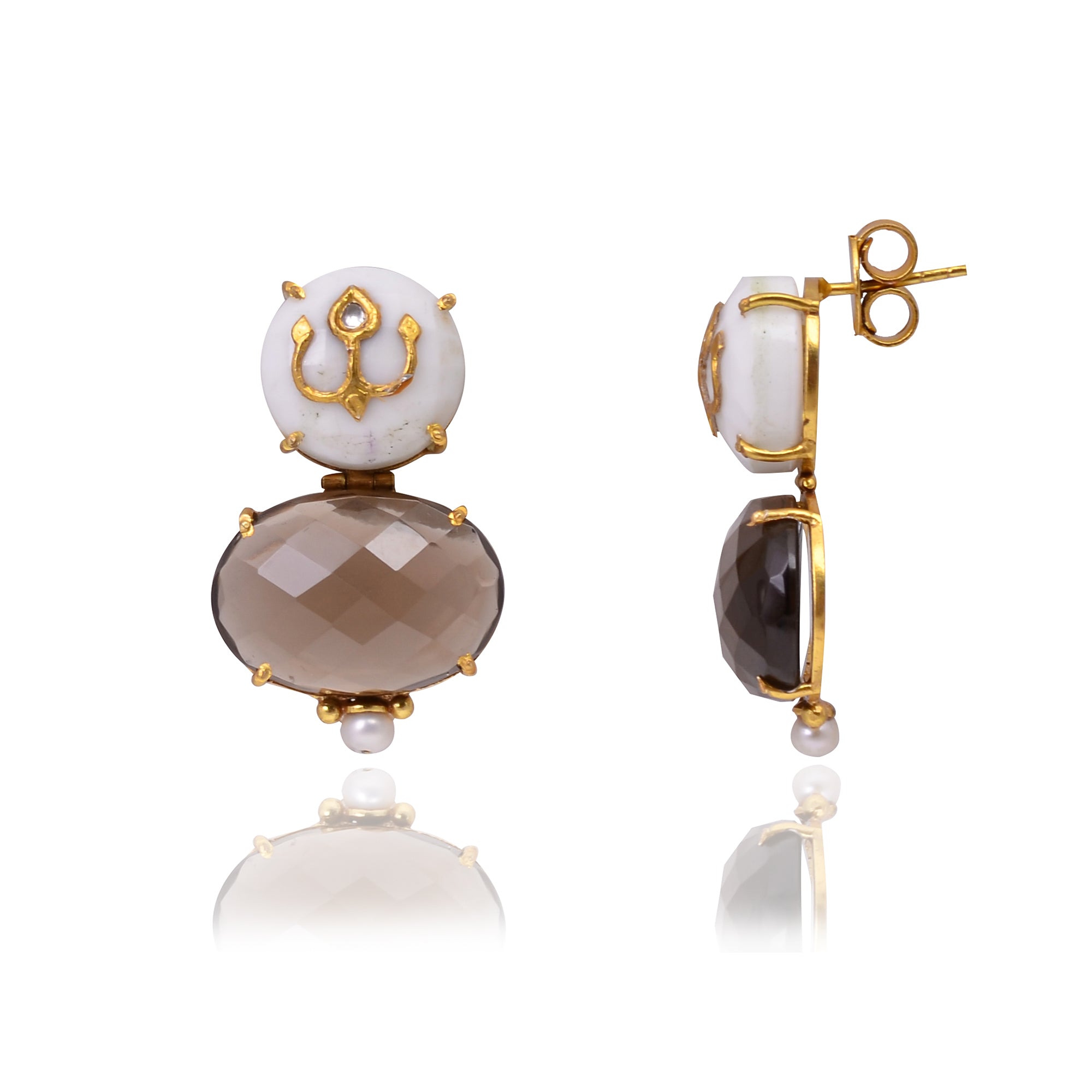 Silver Gold-Plated Smoky Quartz, Onyx, Pearl & Glass Polki Earring