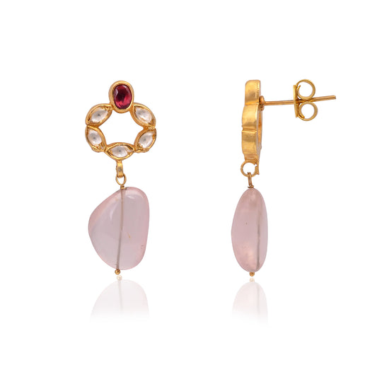 Silver Gold-Plated Rose Quartz, Garnet and Glass Polki Earring