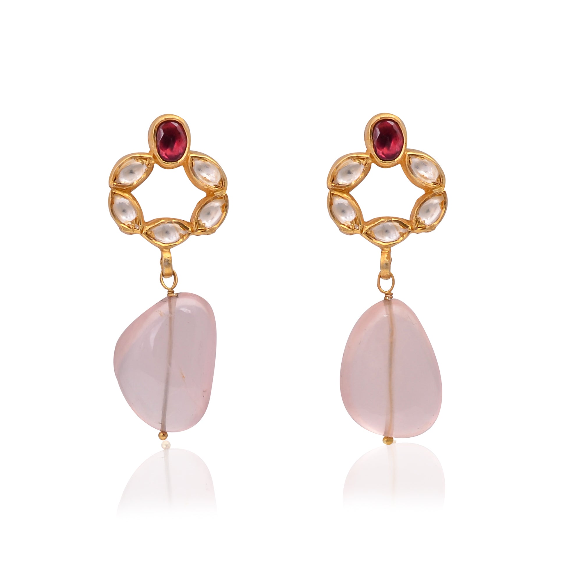 Silver Gold-Plated Rose Quartz, Garnet and Glass Polki Earring