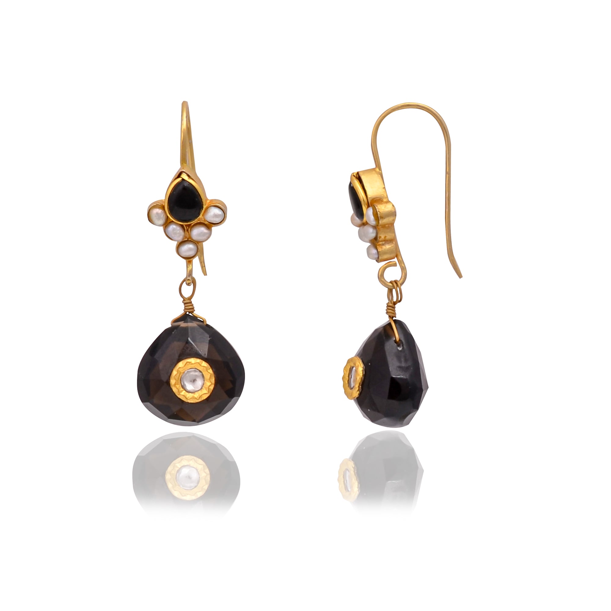 Silver Gold-Plated Pearl, Black Onyx & Glass Polki 24kt Gold Jadau Earring