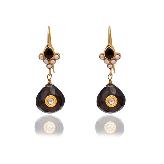 Silver Gold-Plated Pearl, Black Onyx & Glass Polki 24kt Gold Jadau Earring