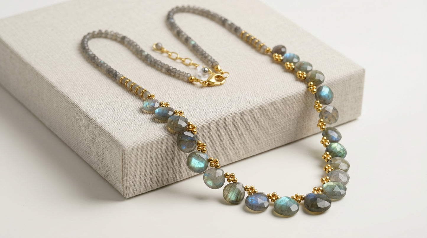 925 Sterling Silver Gold Plated Faceted Heart shape Labradorite Gemstone Necklace