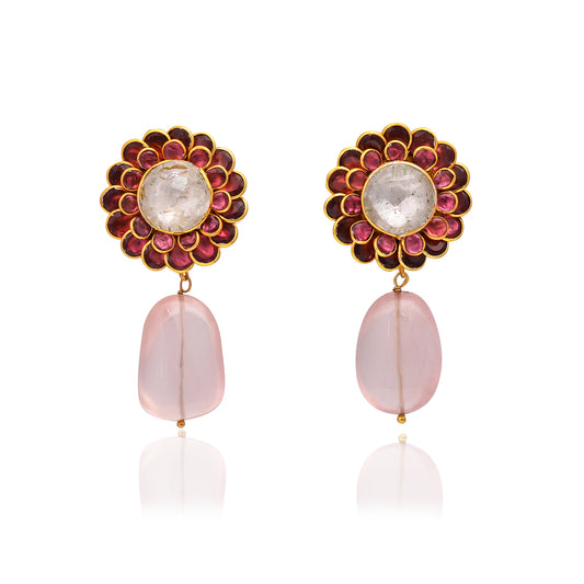 Silver Gold-Plated Rose Quartz, Garnet & Faceted Crystal Earring