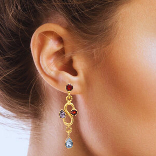 Silver Gold Plated Garnet, Blue Topaz, and Aphrodite Earring