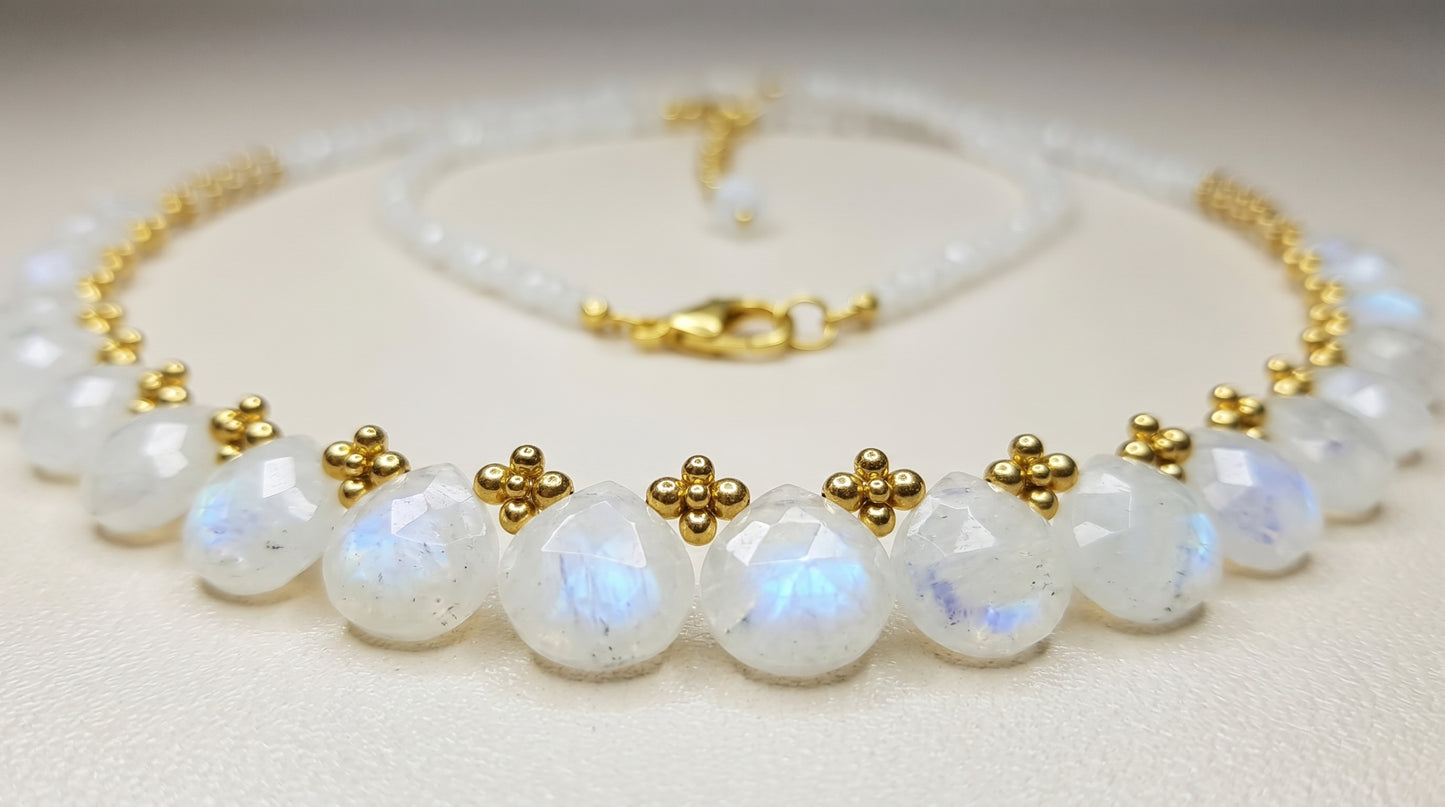925 Sterling Silver Gold Plated Natural Moonstone Beaded Necklace