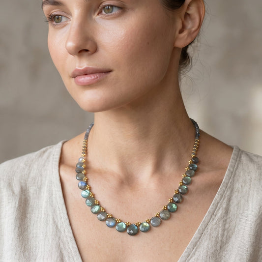 925 Sterling Silver Gold Plated Faceted Heart shape Labradorite Gemstone Necklace