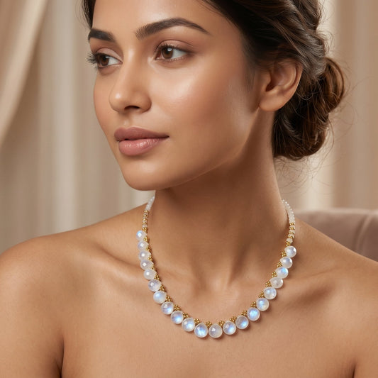 925 Sterling Silver Gold Plated Natural Moonstone Beaded Necklace
