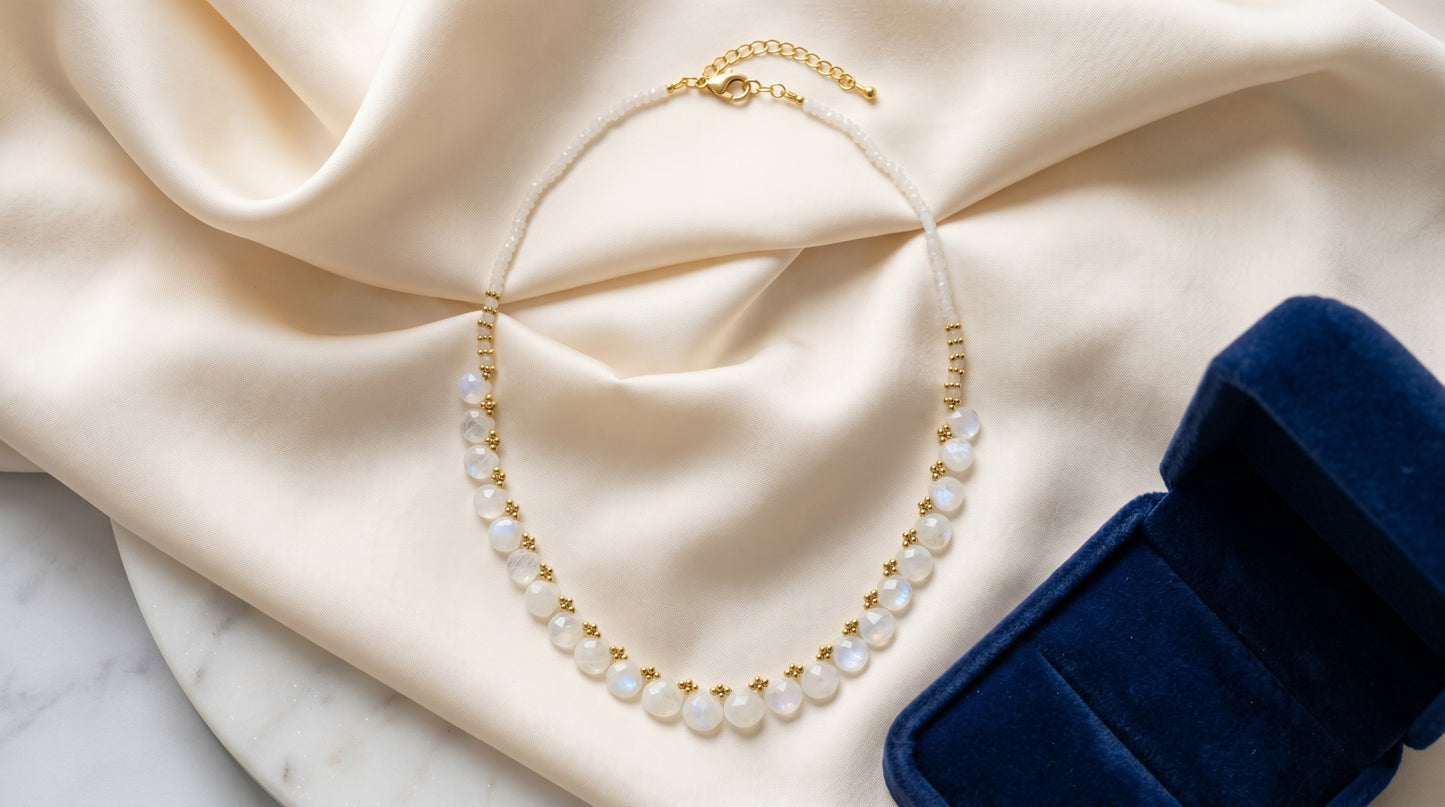 925 Sterling Silver Gold Plated Natural Moonstone Beaded Necklace