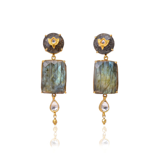 Silver Gold-Plated Labradorite, Glass & Strawberry Quartz Jadau Earring