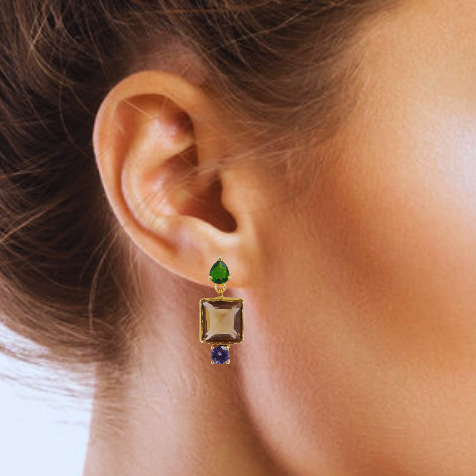 Buy Handmade Silver Gold Plated Green Tourmaline / Beer Quartz / Tanzanite Earring