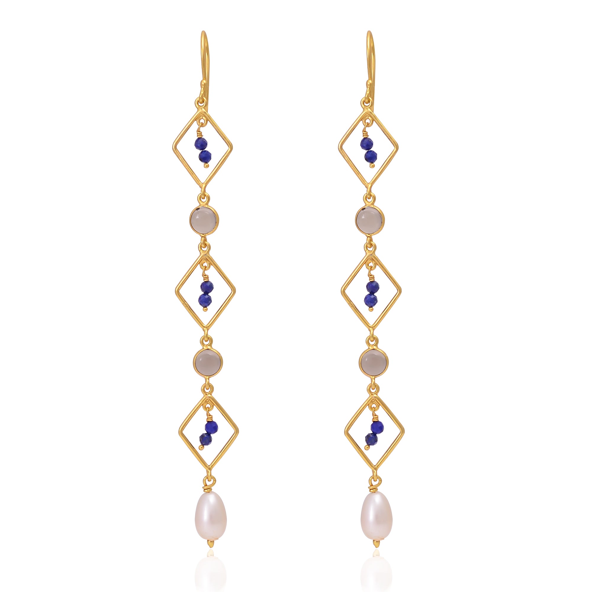 Silver Gold Plated Blue Lapis, Smoky Quartz and Pearl Earring